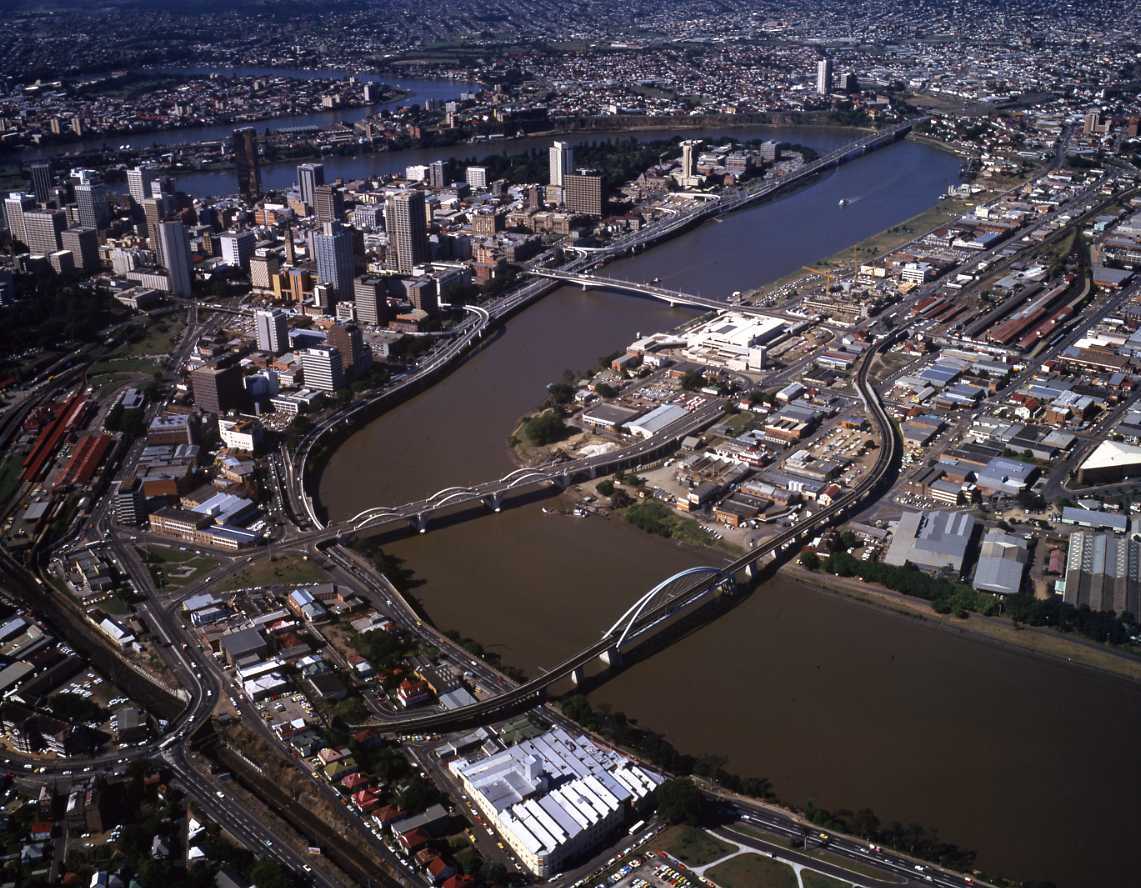 Aerial View of Brisbane River between Milton and West End showing Railway Bridges - 1981