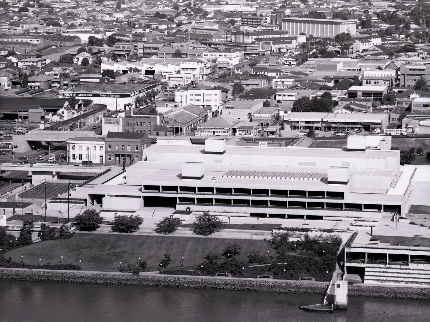 Aerial view of Queensland Cultural Centre and South Brisbane from City highrise - 1982