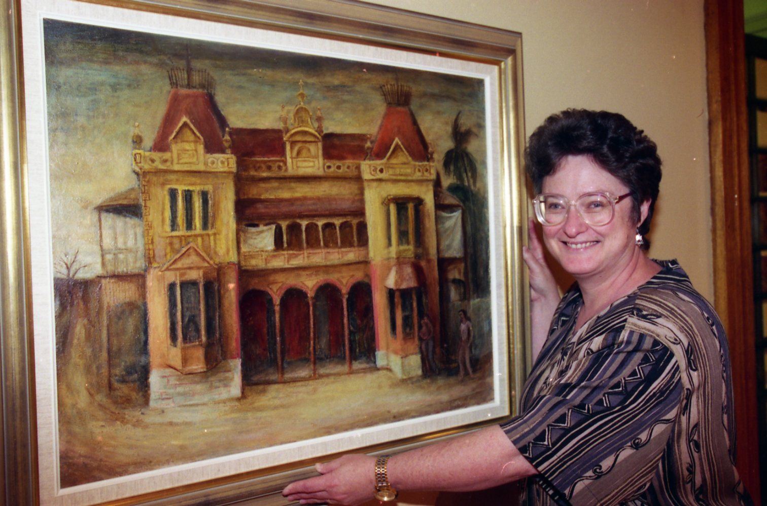 Glenda Beck with Painting from Margaret Olley Retrospective Collection - 1997