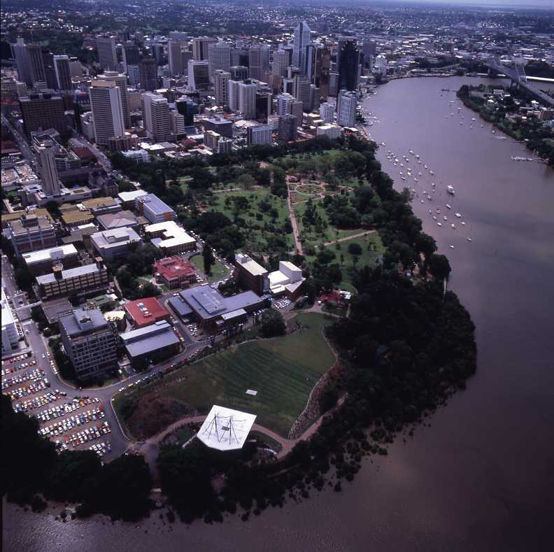 City Botanic Gardens - Aerial view of  Gardens Point and Riverstage - 1989