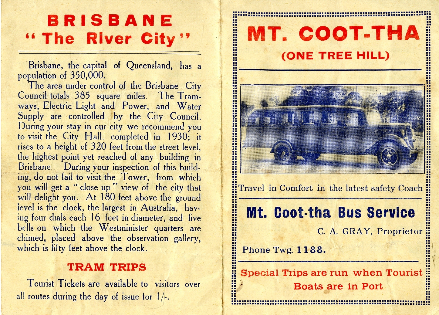 Mt Coot-tha Bus Service Timetable - 1930