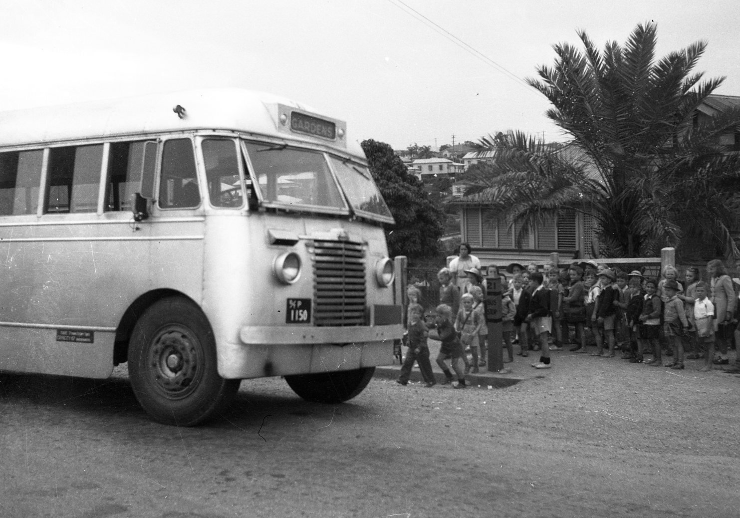 Council Bus Number 50 Picking Up School Children at Bus Stop 21 on Waterworks Road Ashgrove 1950's  Waterworks Road|Ashgrove - 1950's