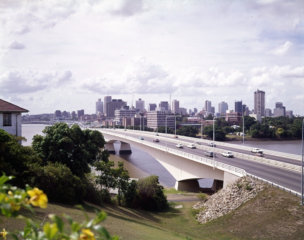 Captain Cook Bridge - from South Bank towards City - 1977