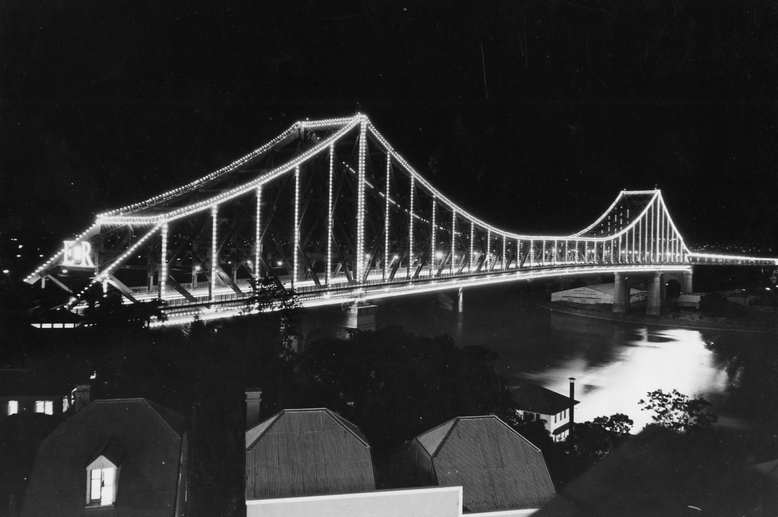 Story Bridge at Night Floodlit for Royal Visit - 1954