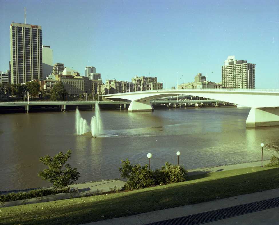 View of Fountain in Brisbane River towards Victoria Bridge and City - 1982