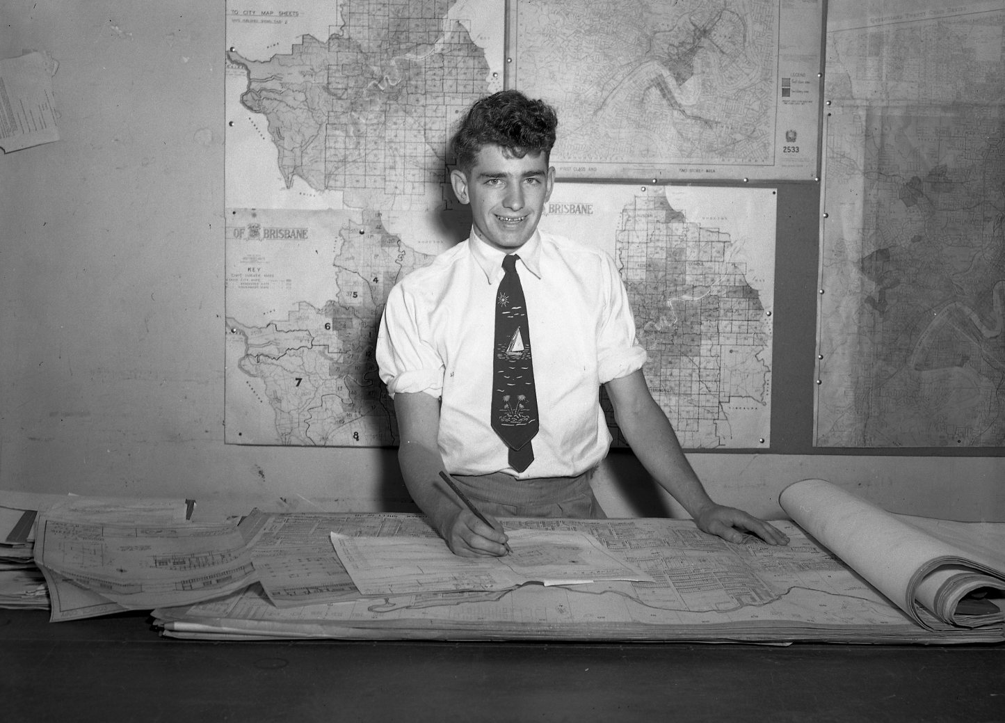 Town Planning Section City Hall - Staff using 4 Chain Maps 1950