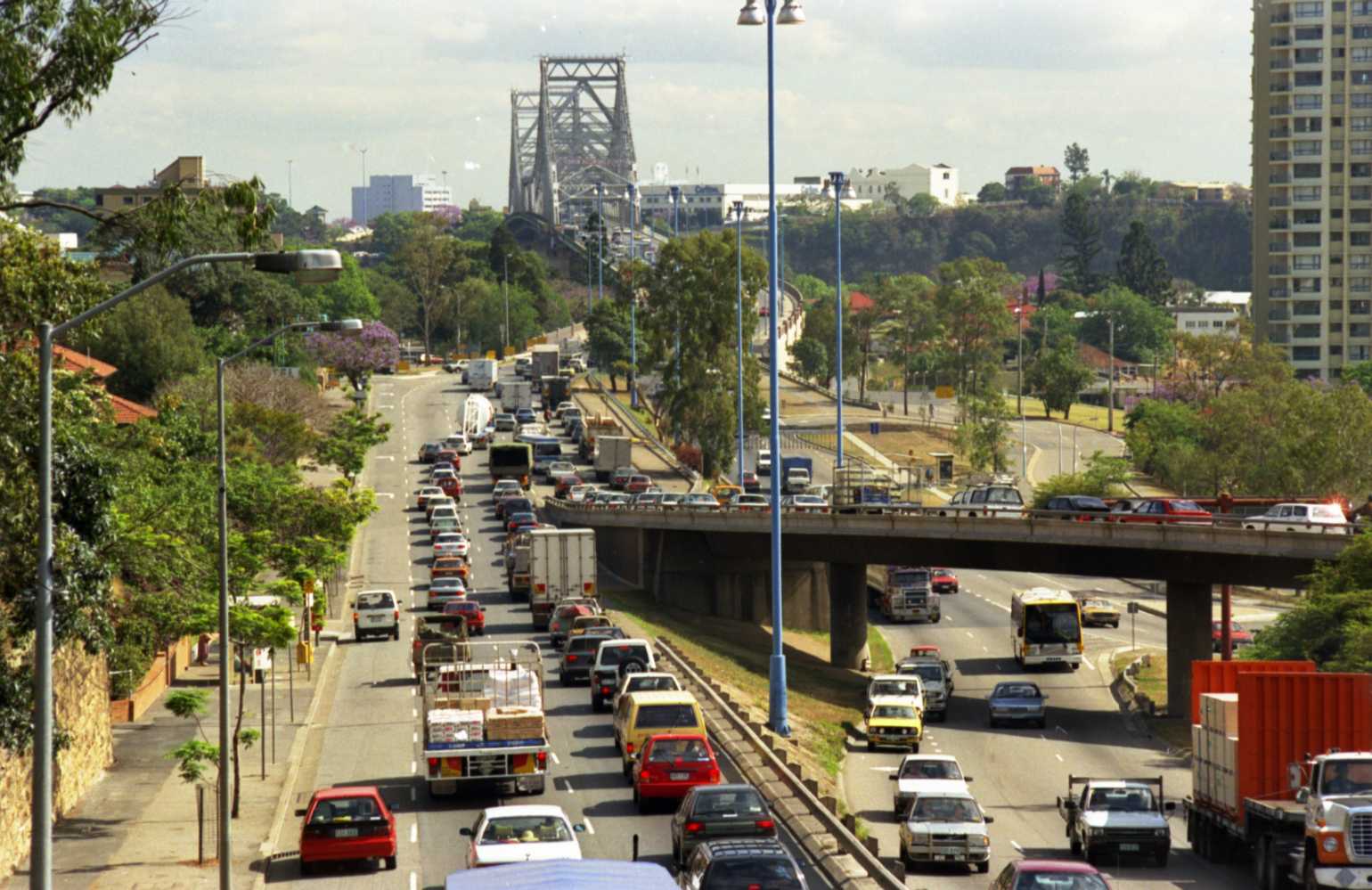 Morning Traffic on Main Street and Shafston Avenue Overpass entering Story Bridge.
