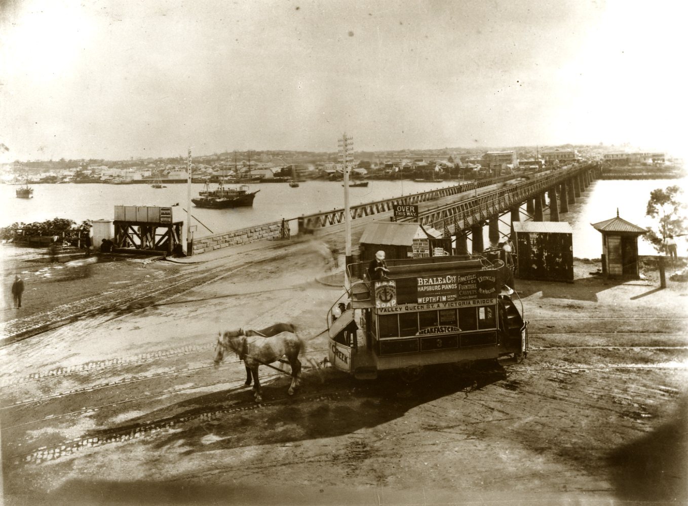 Horse Drawn Tram Turning Into Queen Street from North Quay - Victoria Bridge in Background.