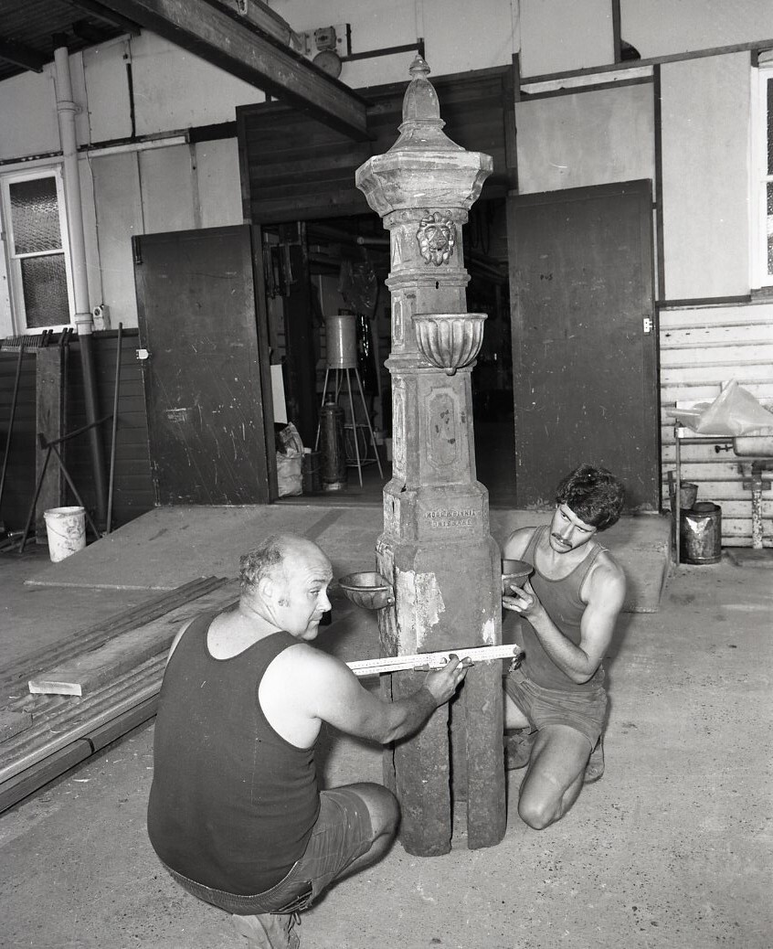 Perry Park Depot - Drinking Fountain being restored by Council Staff. 1983