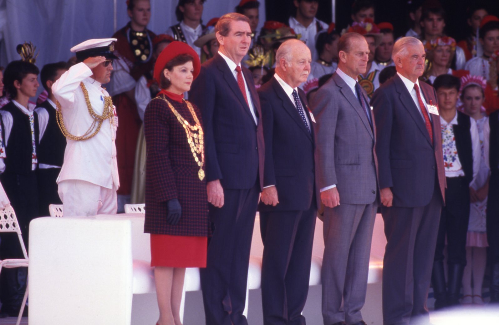 World Expo 88 Opening Ceremony - Official Party on River Stage. April 1988