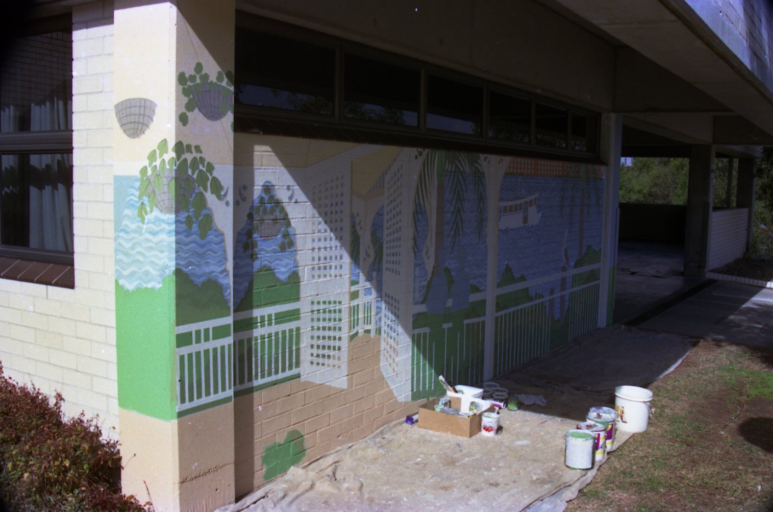 Bulimba Library - artist painting mural - 1989