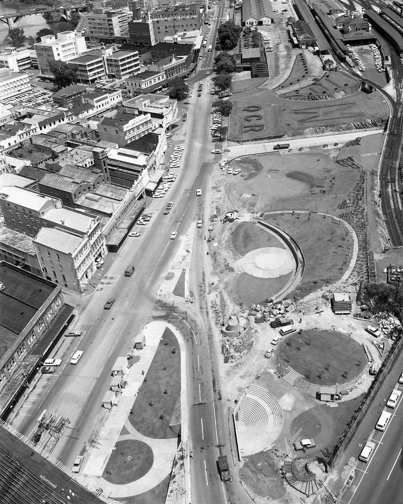 Aerial view Roma Street and Roma Street Parklands under construction - 1970