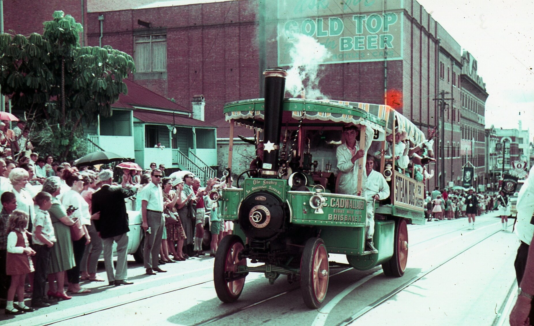 Warana Festival -  Steam Bus in Parade along Brunswick Street  Fortitude Valley - 1966