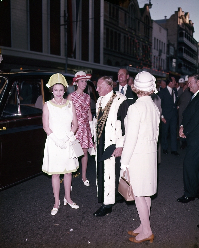 Queen Elizabeth II|Prince Philip and Princess Anne being greeted by Lord Mayor Clem Jones and Lady Mayoress Sylvia Jones - Adelaide Street - 1970
