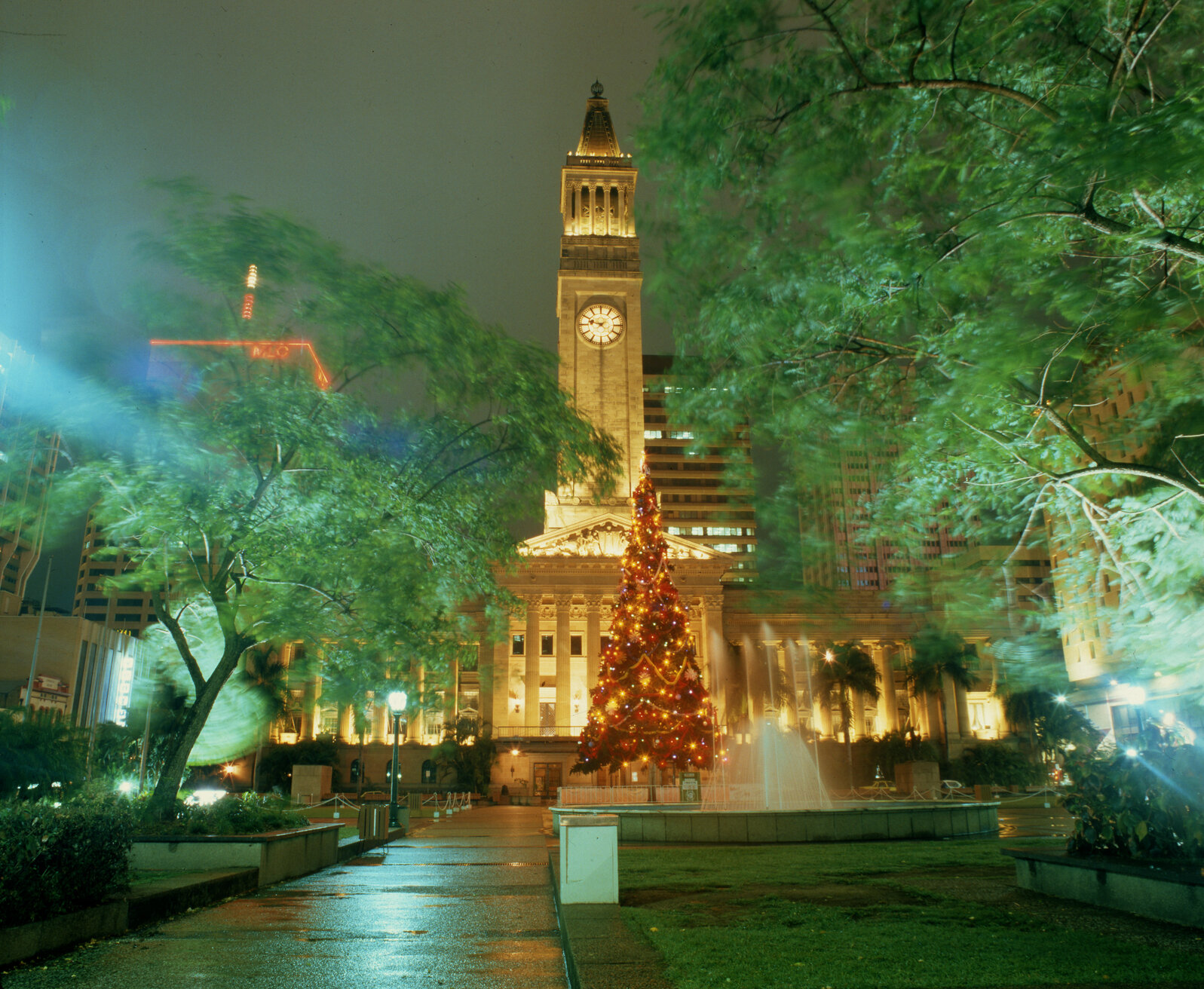 City Hall and Christmas Tree on Rainy Night - 1985