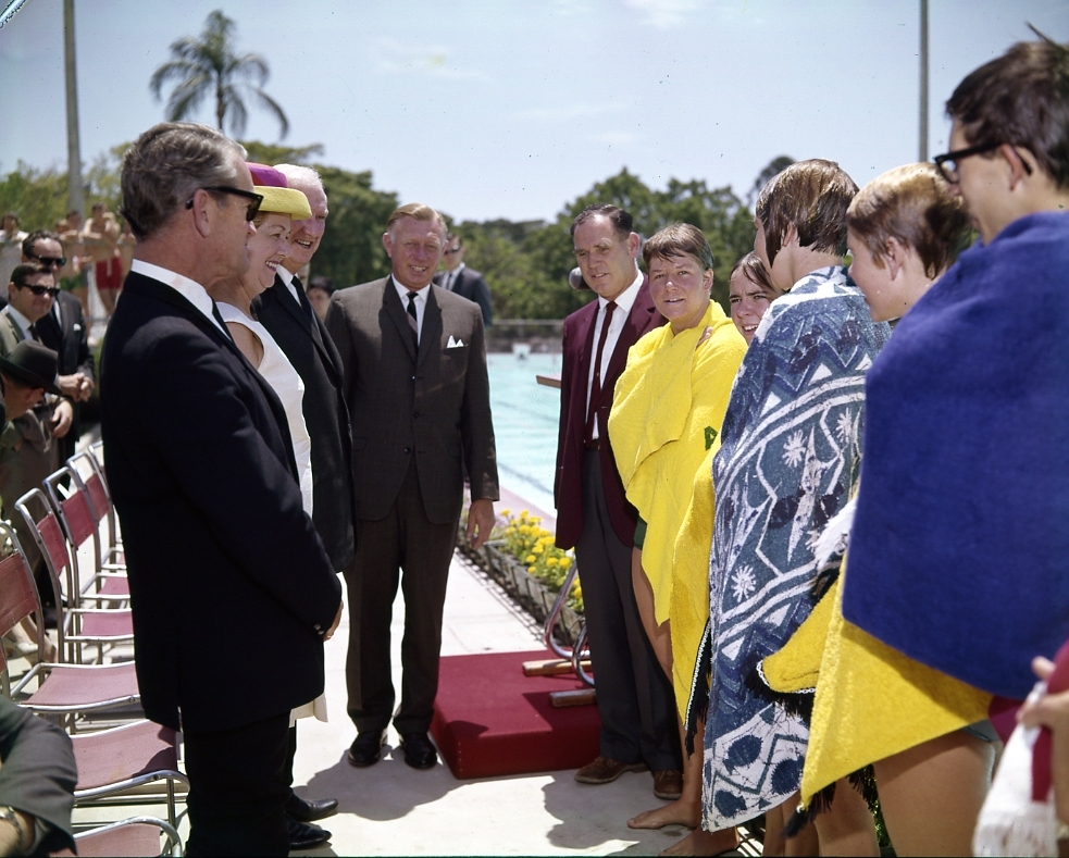 Lord Mayor Clem Jones opening Musgrave Park municipal Swimming Pool.
