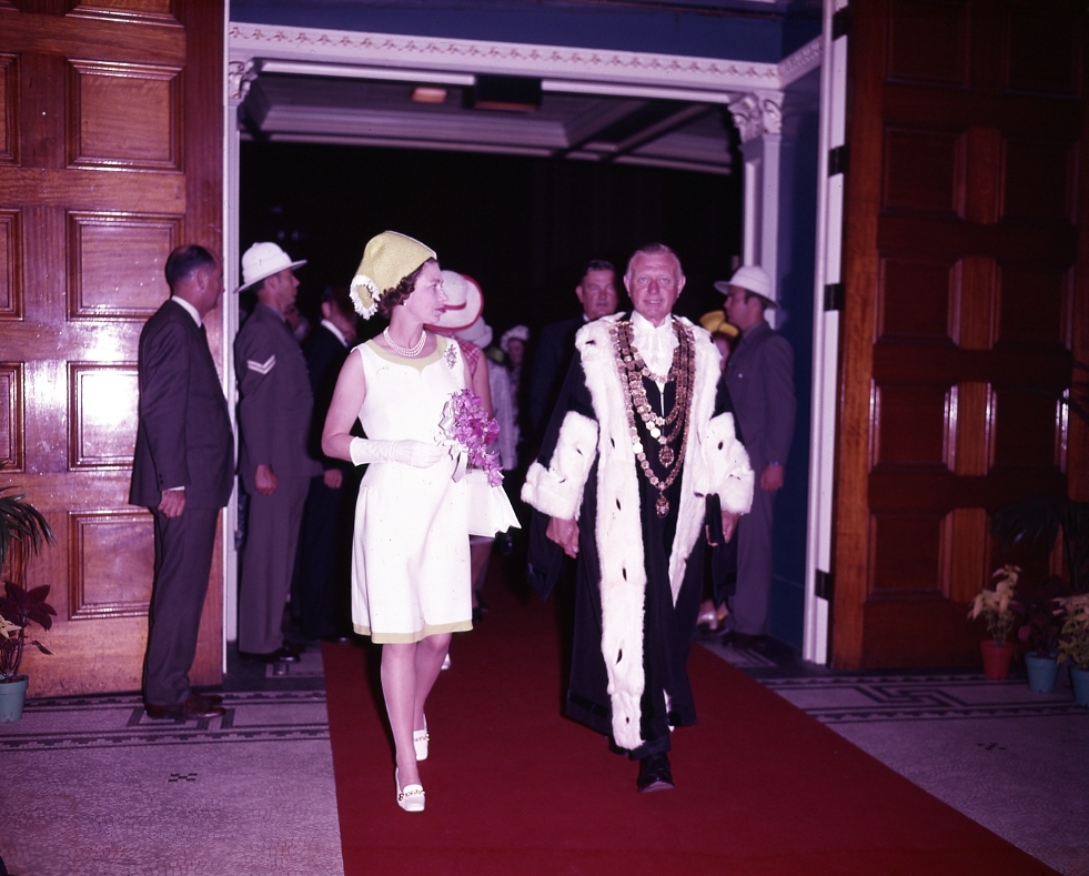 Queen Elizabeth II and Lord Mayor Clem Jones in City Hall Foyer - 1970
