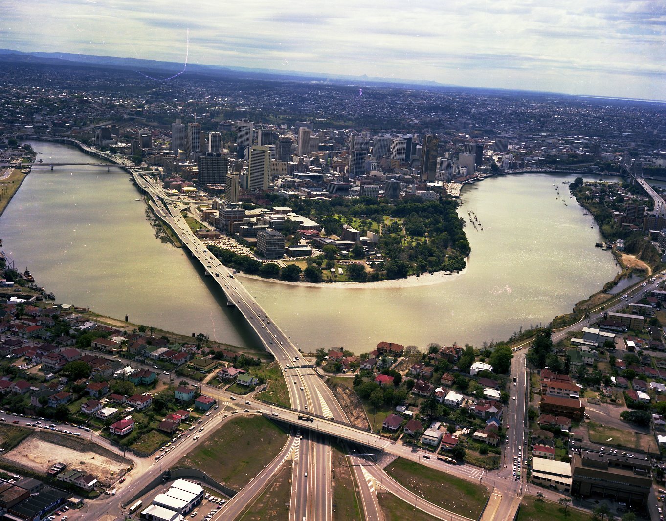 Aerial View of Captain Cook Bridge and City from Woolloongabba - 1979