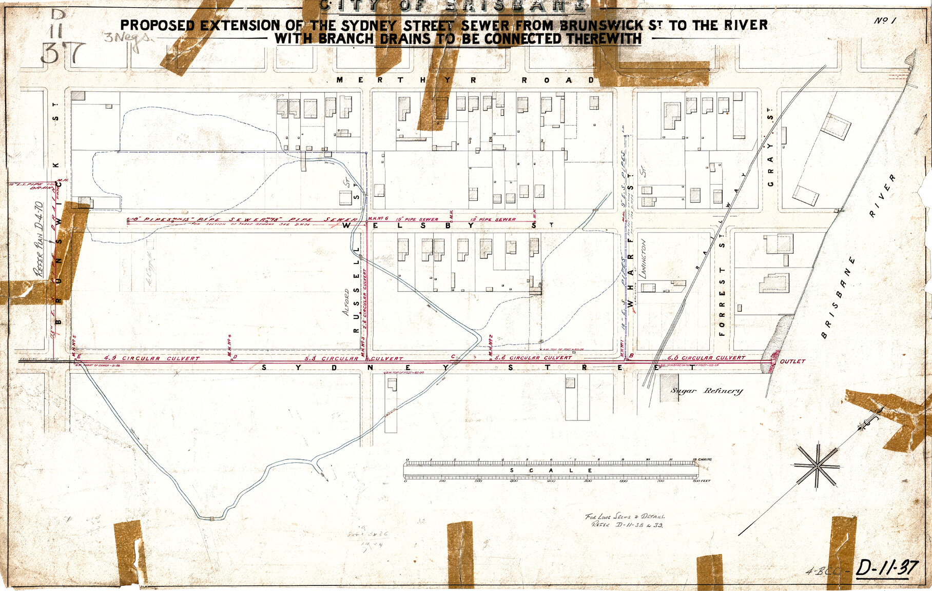 Extension of Sydney Street sewer, showing houses, New Farm - c.1910