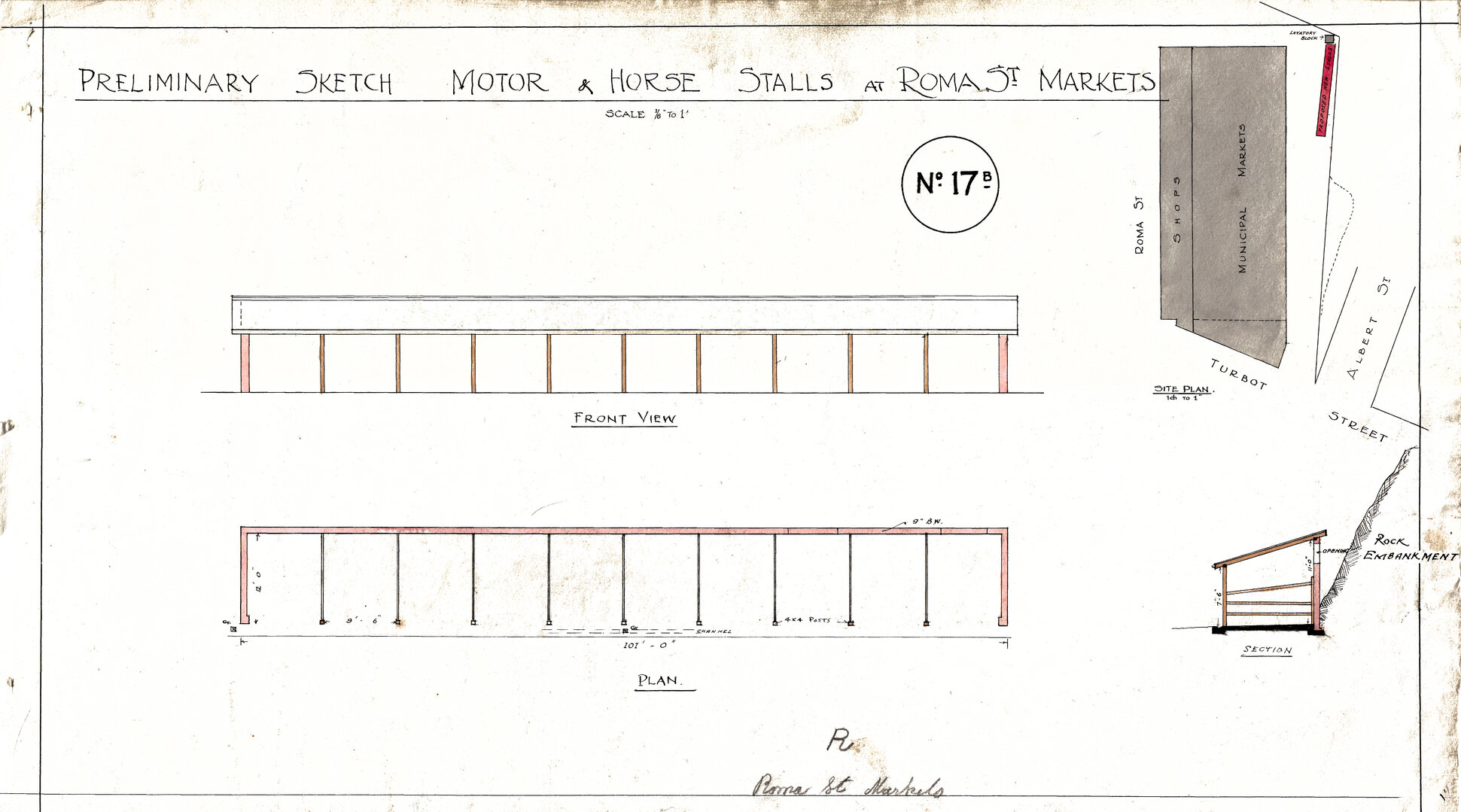 Sketch of Horse and Motor Stalls at Roma Street Markets, Brisbane City - c.1910