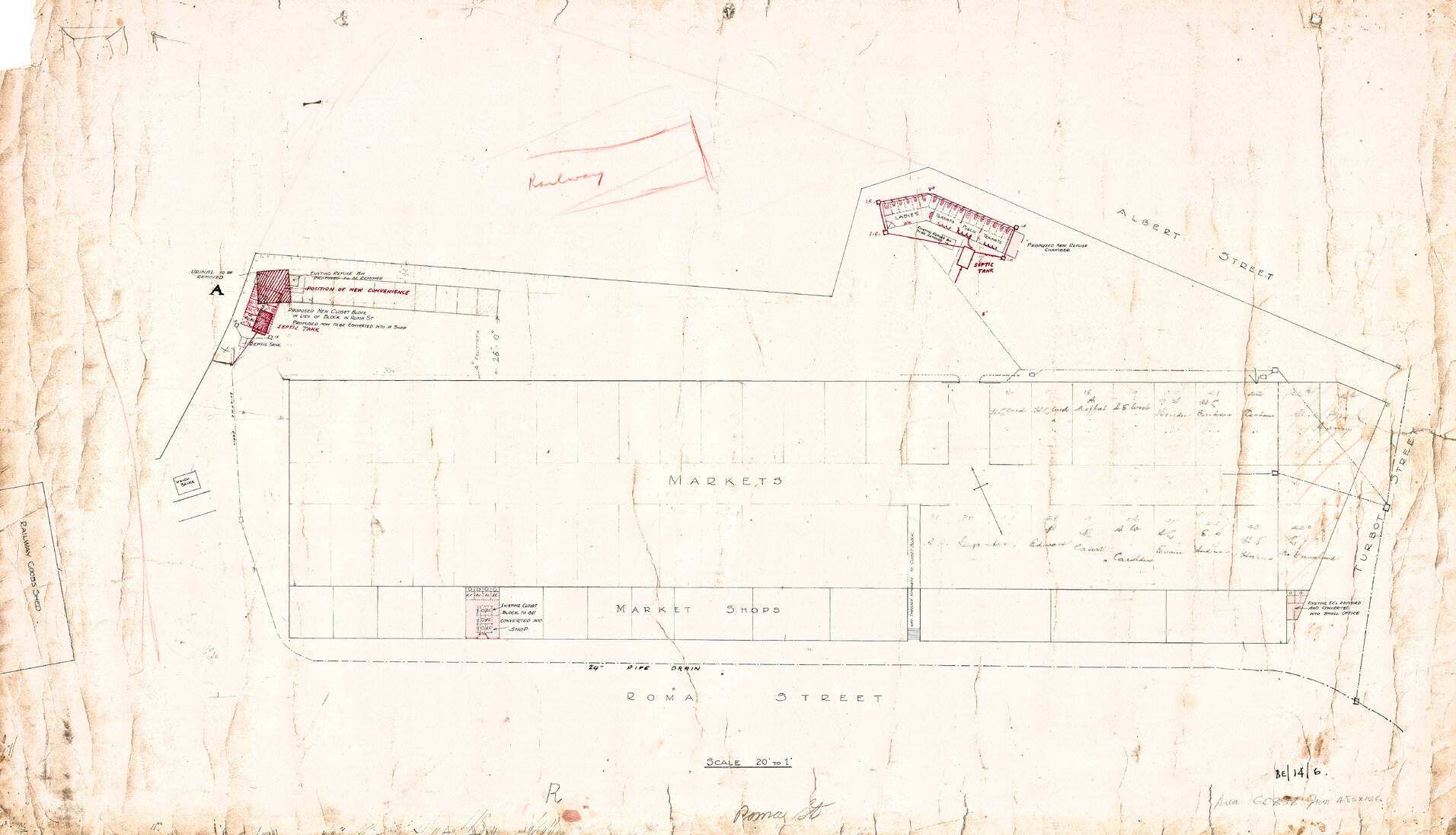 Sketch plan showing layout of Roma Street Markets with stallholders, Brisbane City - 1911