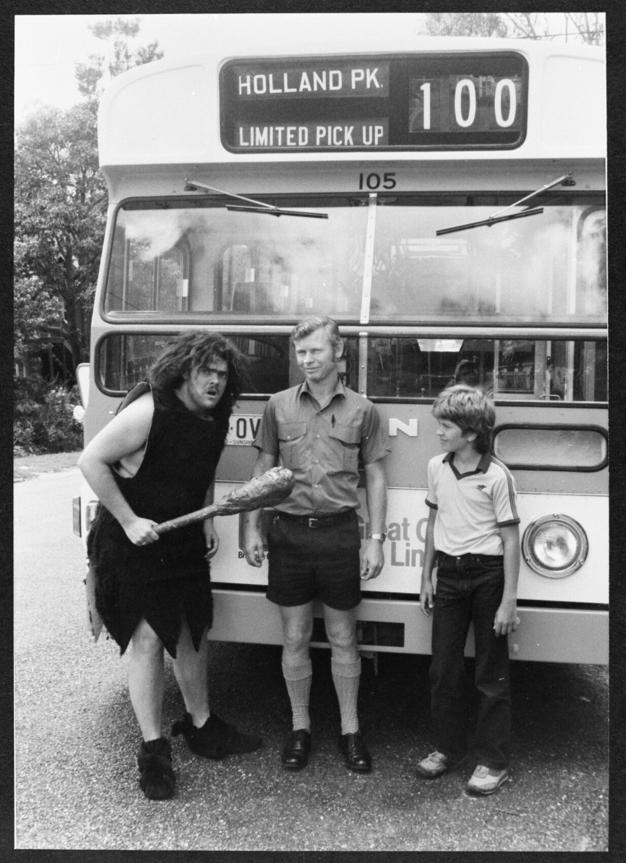 Caveman in front of Council bus - 1984