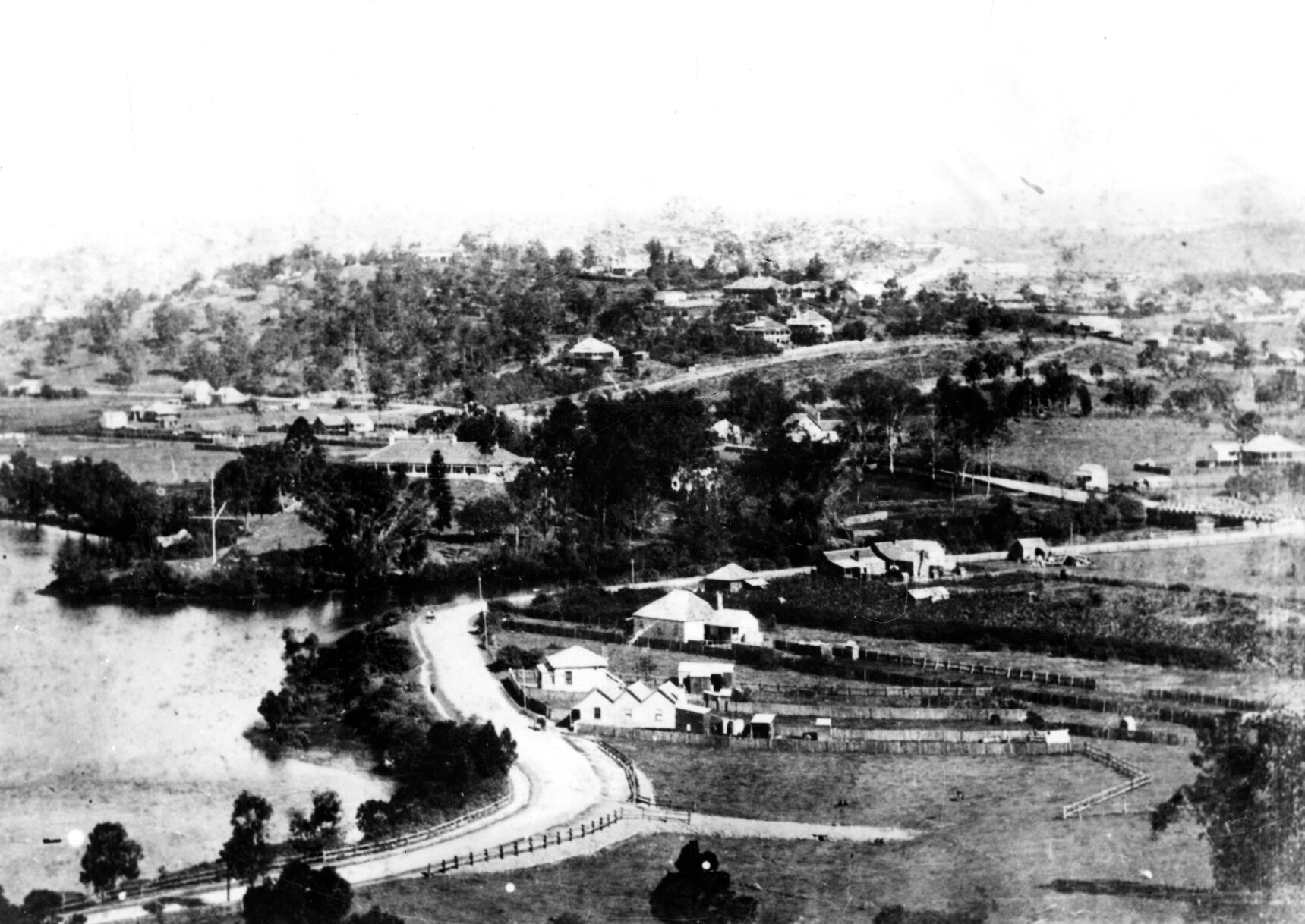 View of Kingsford Smith Drive from Annie Street Hamilton towards Breakfast Creek Bridge, Newstead House and Bowen Hills - 1880's