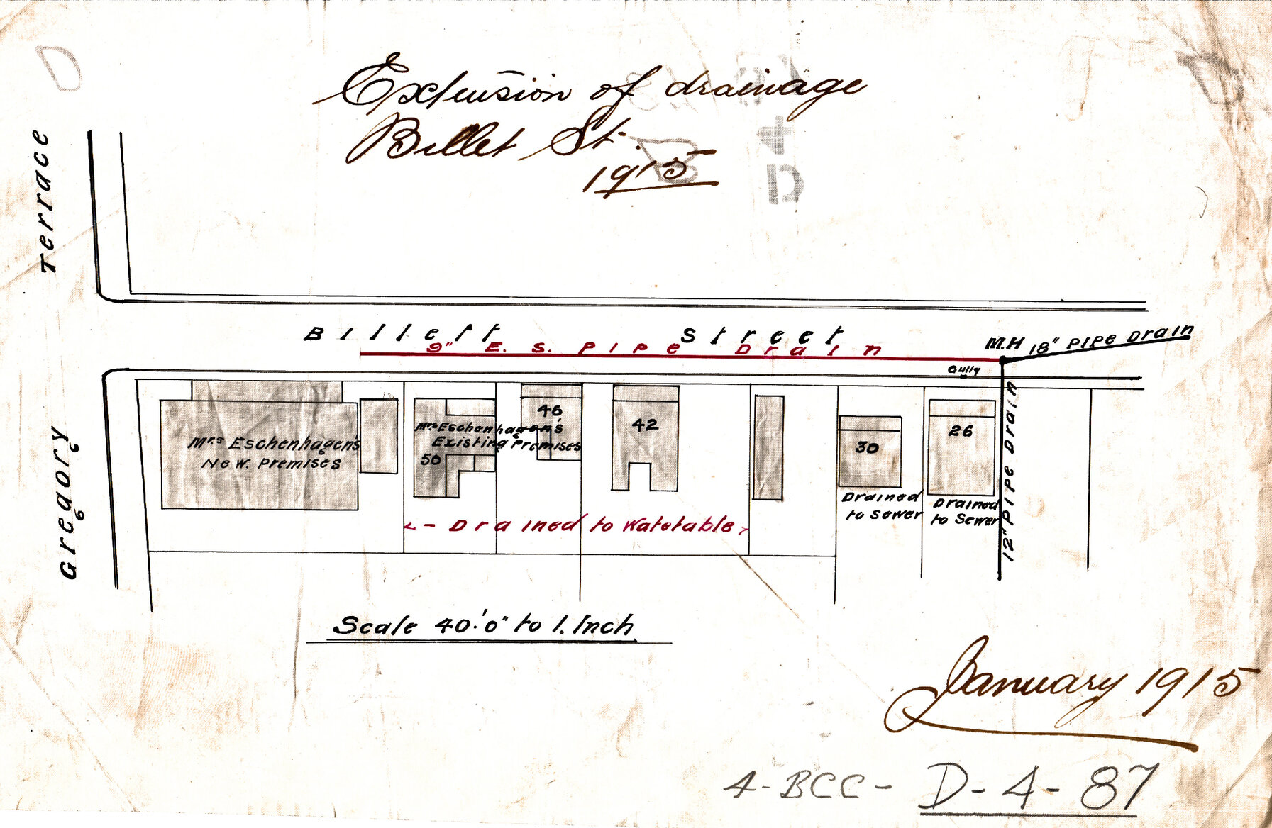 Exclusion of drainage, Billet Street, now demolished - site of St Josephs College, Spring Hill - 1915