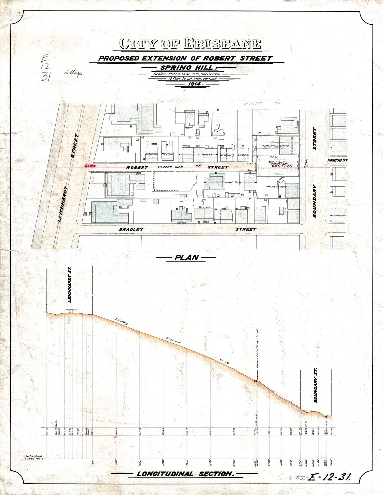 Plan Proposed Extension of Robert Street, Spring Hill - 1914