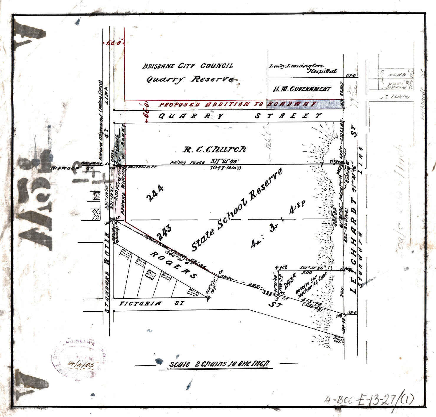 Quarry, Rogers and Leichhardt Street showing school reserve and houses, Spring Hill - 1905