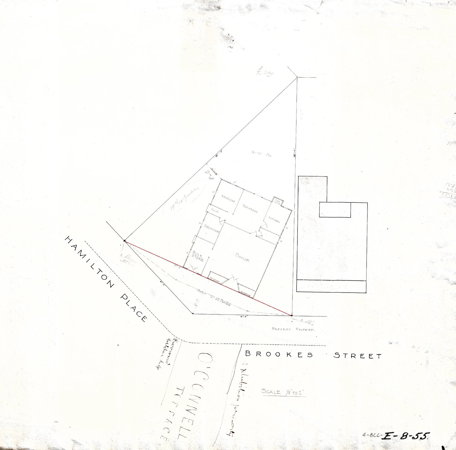 Floorplan of shop on corner of Hamilton Place, Brookes Street, and O'Connell Terrace, Bowen Hills