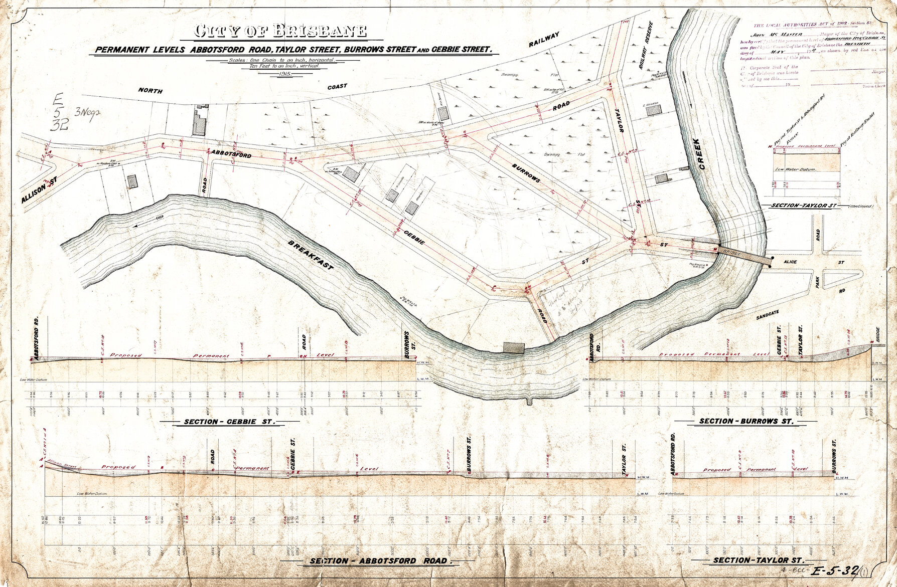 Permanent levels, Abbotsford Road, Taylor, Burrows and Gebbie Street, Bowen Hills - 1915