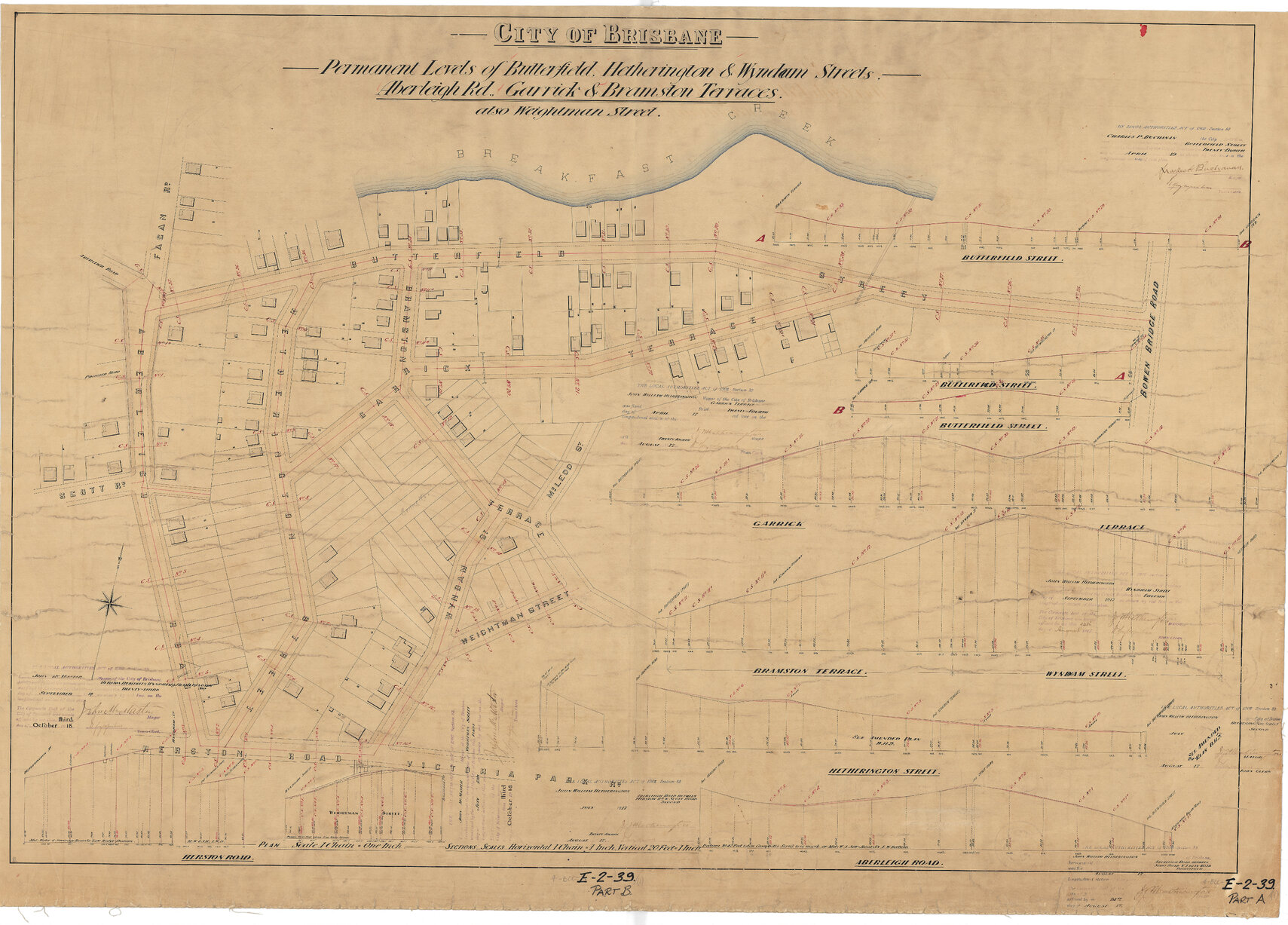 Permanent levels of Butterfield, Heatherington, Weightman and Wyndham Streets, Aberleigh Road, and Garrick and Bramston Terrace