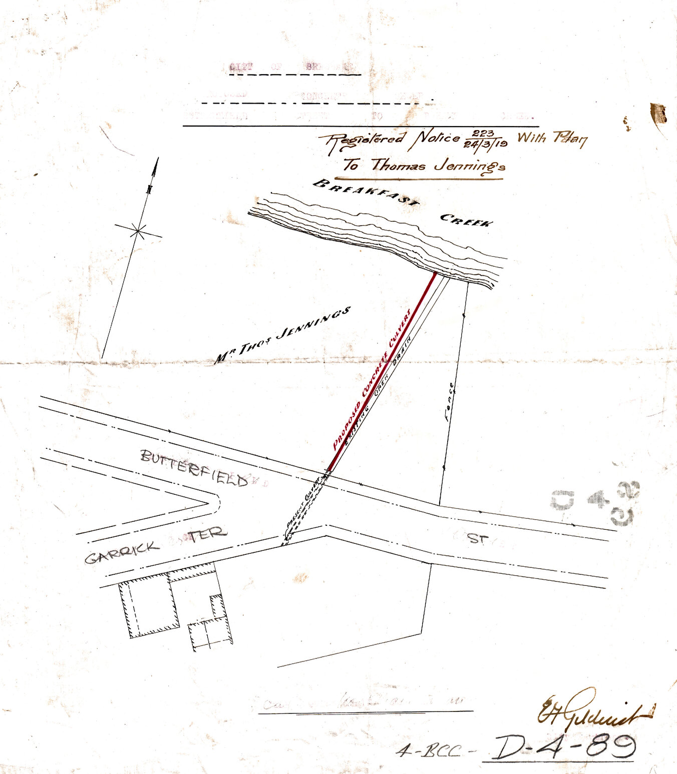 Plan of culvert to Breakfast Creek from Garrick Terrace and Butterfield Street, Herston - 1919
