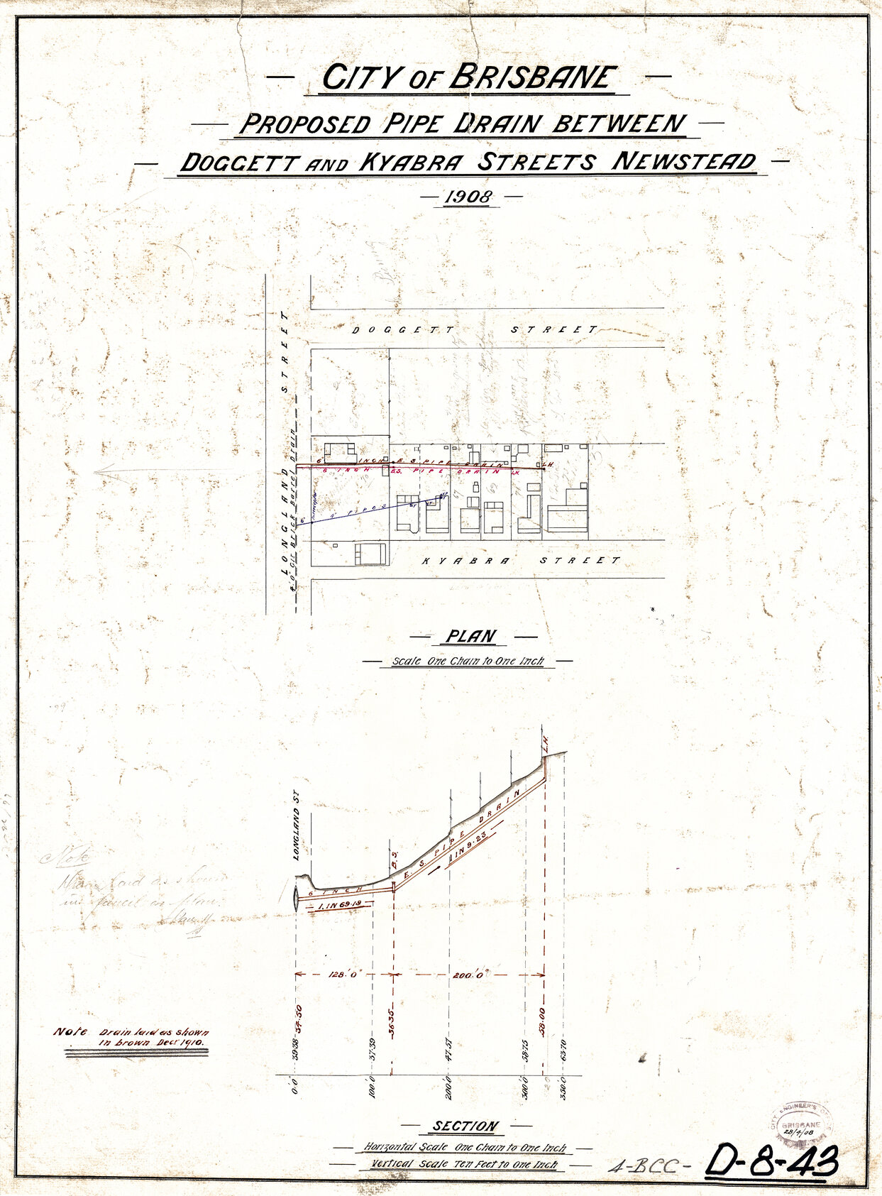 Proposed pipe drain between Doggett and Kyabra Street, Newstead - 1908