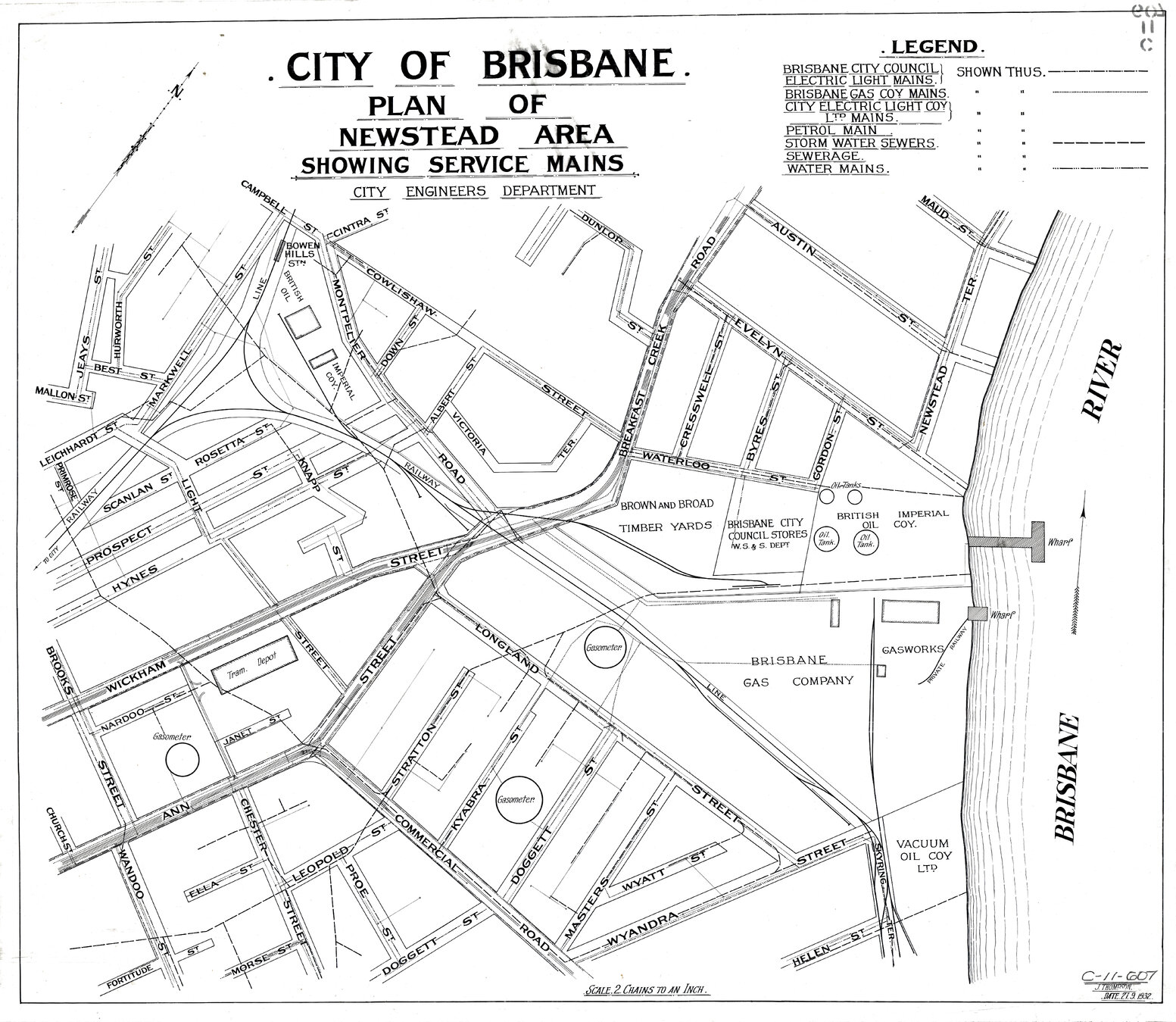 Plan of Newstead showing industrial buildings and electric, gas, stormwater, petrol, water and sewer lines - 1932