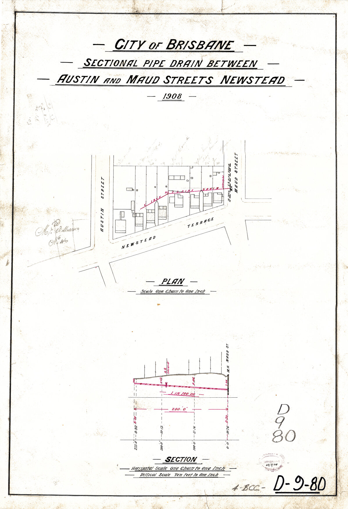 Sectional pipe drain between Austin and Maud Streets, Newstead - 1908