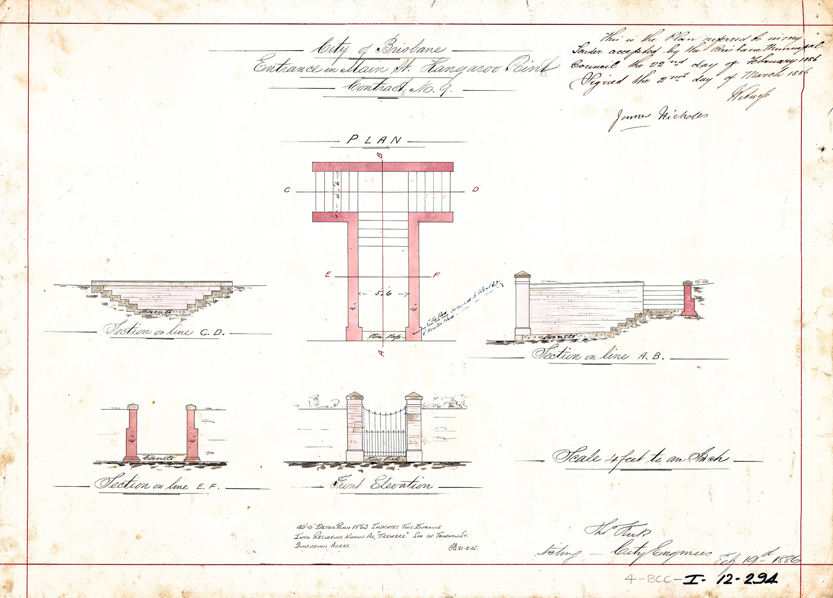 Entrance in Main Street, Kangaroo Point, hand coloured plan of gate and fence by Thomas Kirk, City Engineer 1886 
