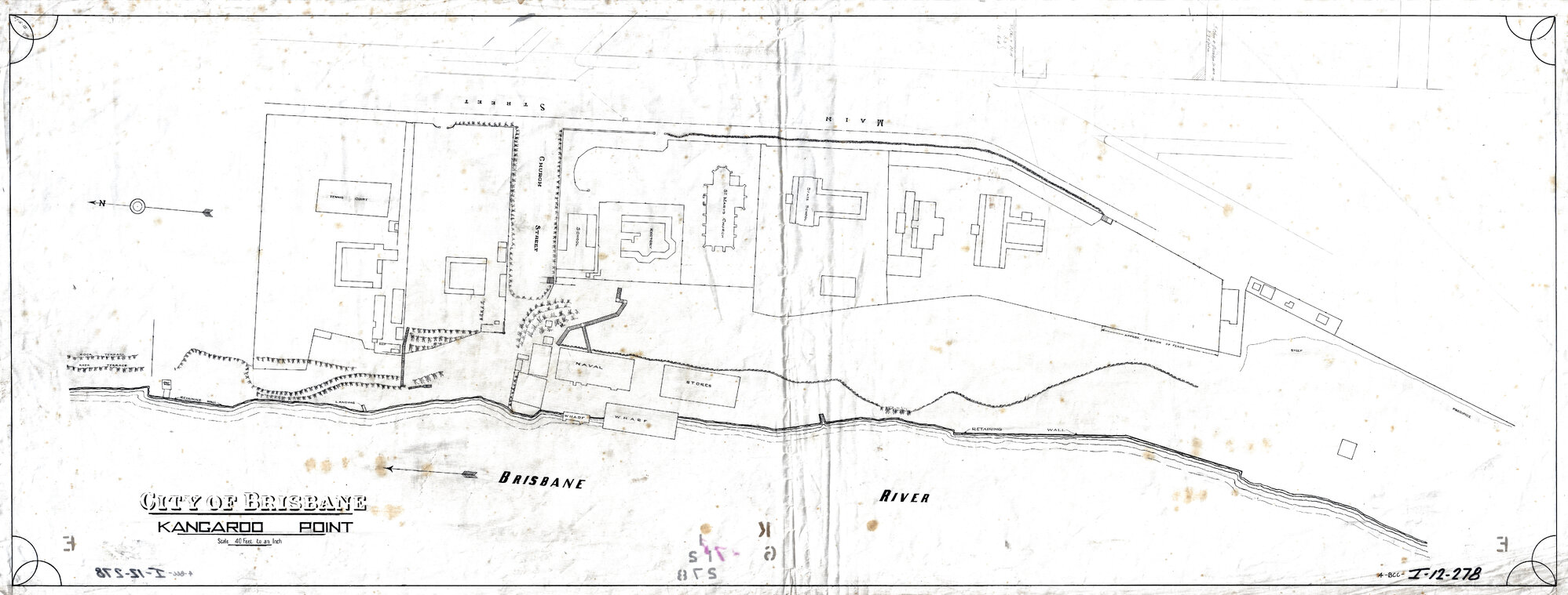Plan showing area between main St and Brisbane River to Church St showing buildings and property boundaries and retaining wall, Kangaroo Point - 1917