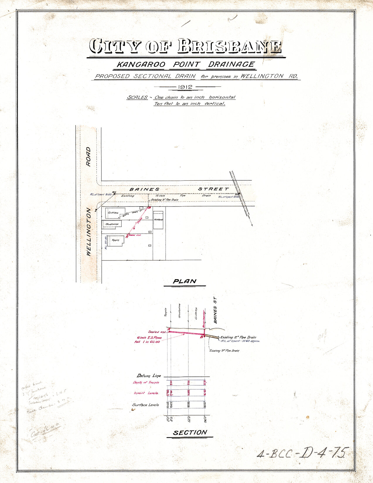 Proposed sectional drain corner of Wellington Road and Baines Street, Kangaroo Point - 1912