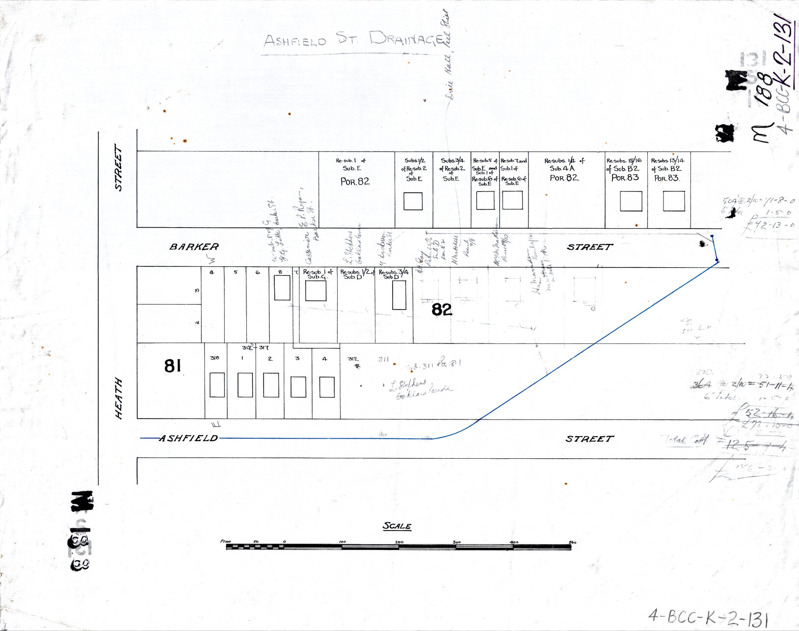 Cadastral plan showing house footprints on Ashfield and Barker Streets, East Brisbane - 1918