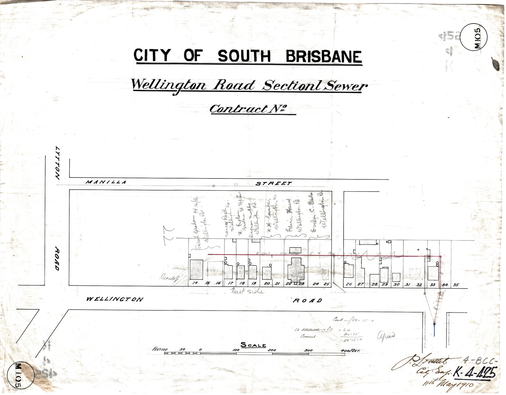 Plan showing house footprints between Overend Street and Stanley Street East, near corner of Wellington Road, East Brisbane - 1902, 1910, 1921