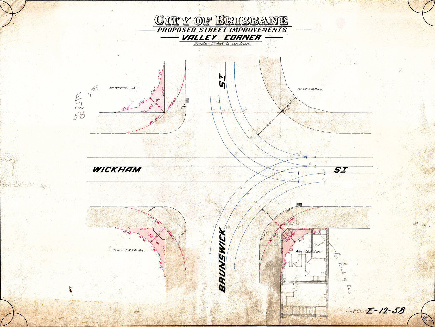 Improvements to intersection of Brunswick and Wickham Street, showing owners and a floorplan, Fortitude Valley - 1928