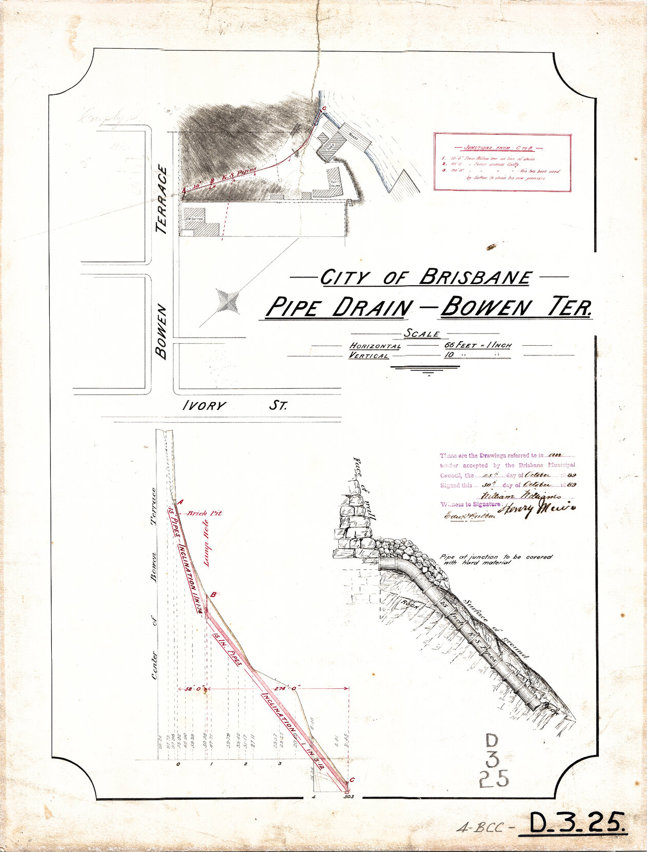 Pipe drain off Bowen Terrace showing buildings and wharf, Fortitude Valley - 1900