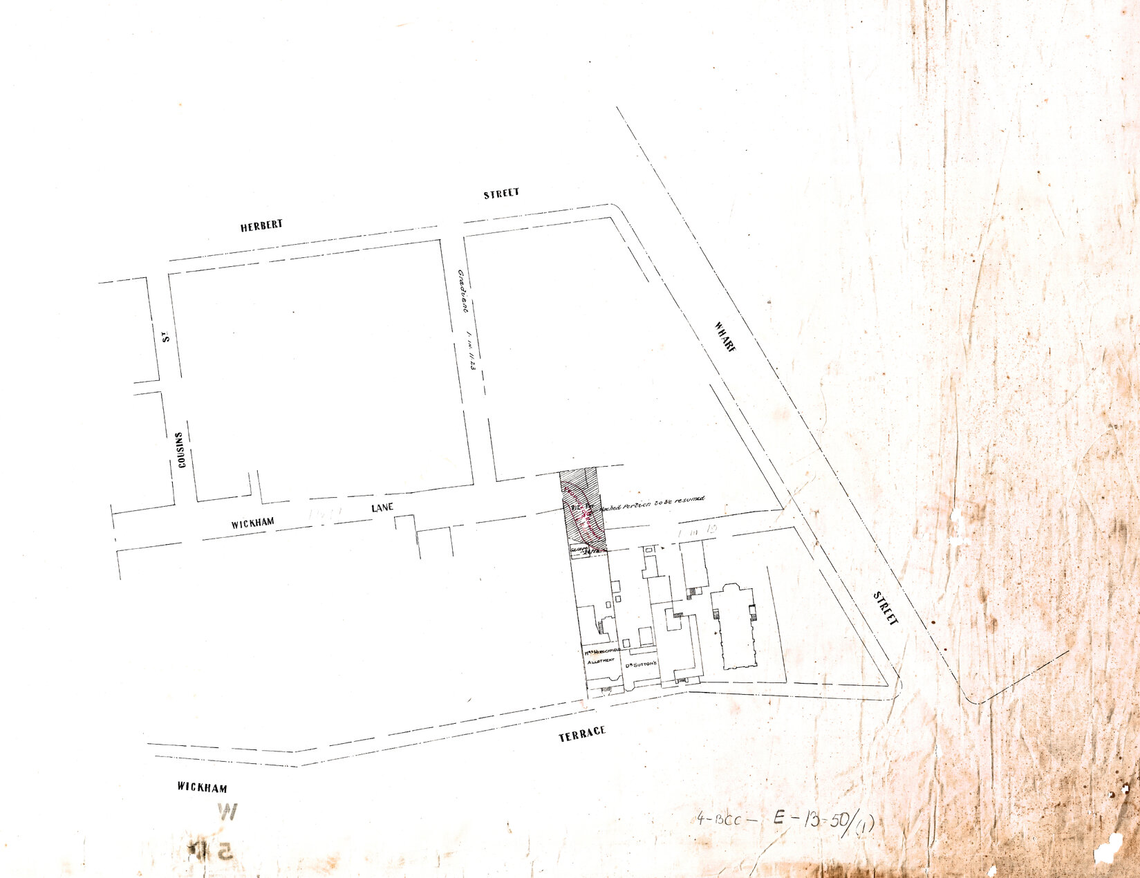 Plan of corner of Wickham Terrace and Wharf Street, now Turbot Street, Spring Hill