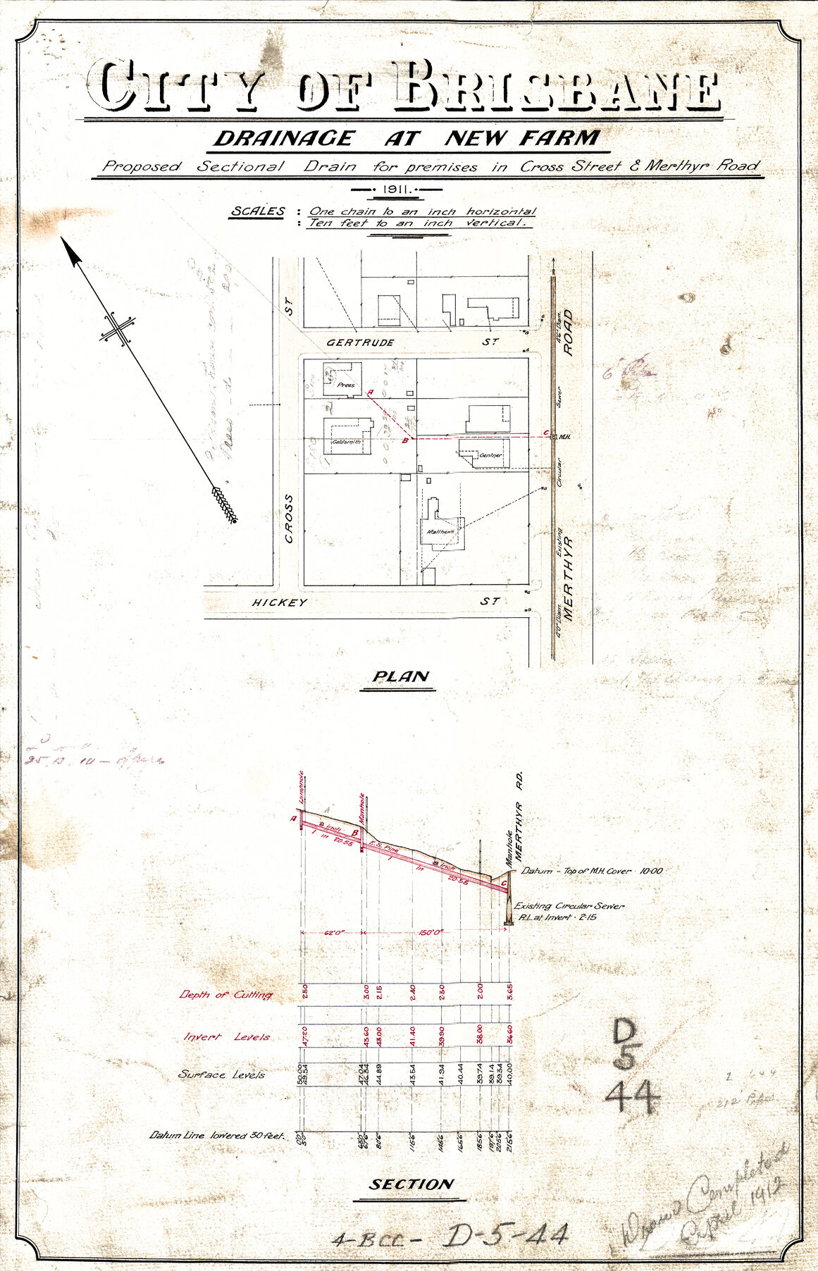 Proposed sectional drain for premises in Cross Street and Merthyr Road, New Farm - 1905