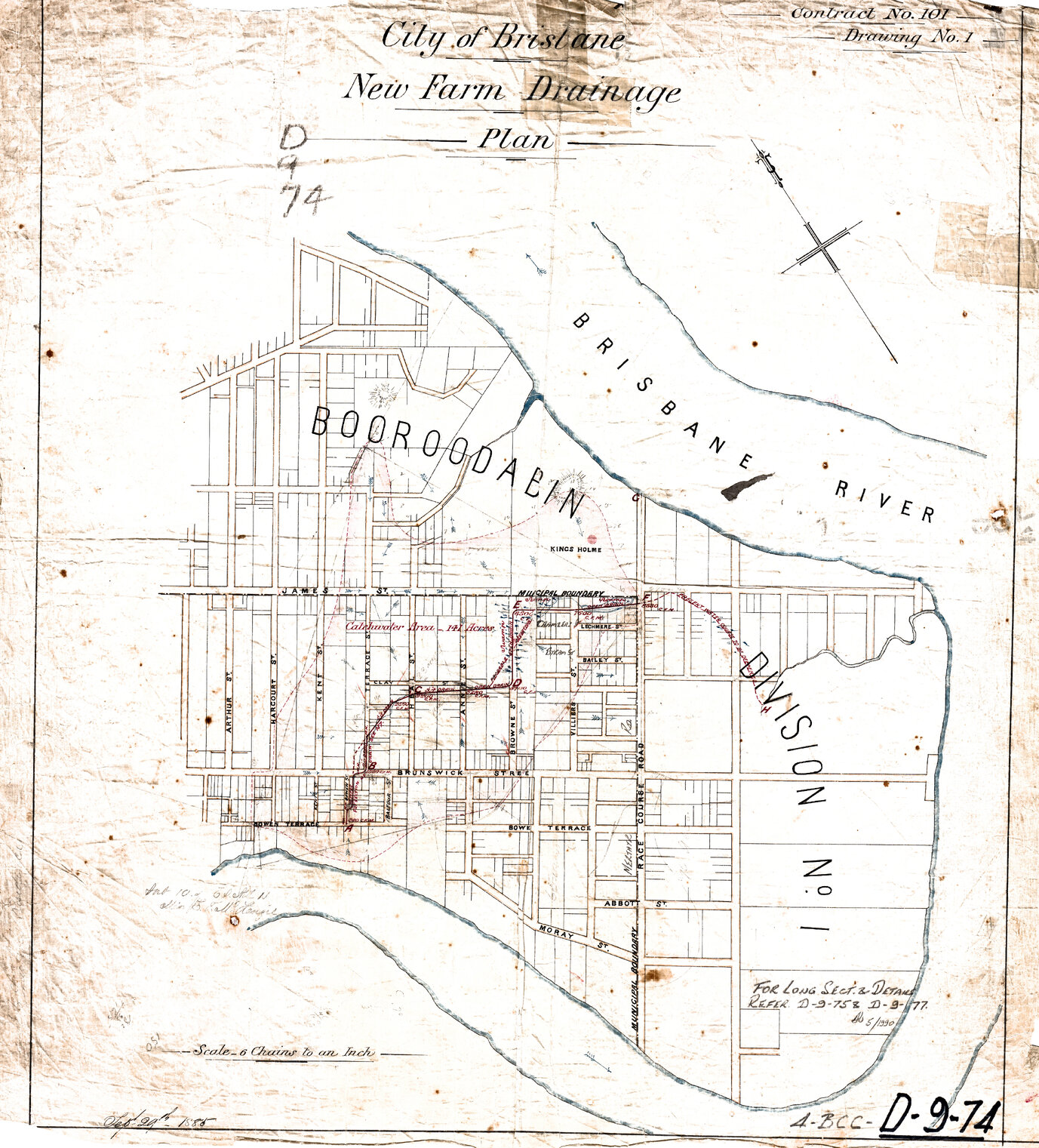 Drainage Plan for area bounded by Bowen Terrace, Arthur Street, Merthyr Road Commercial Road and Brisbane River showing existing subdivisions and watershed, New Farm and Fortitude Valley - 1885
