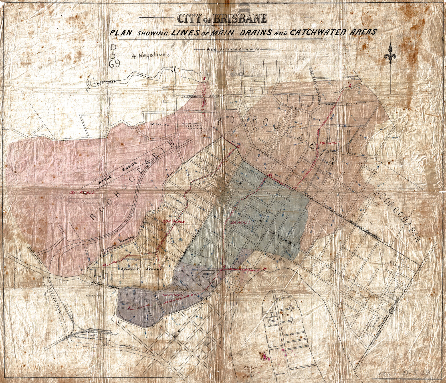 Plan showing lines of main drains and catchwater (watershed) areas, Spring Hill, Herston, Kelvin Grove, Fortitude Valley, Bowen Hills, Kangaroo Point, Newstead, New Farm - c.1880