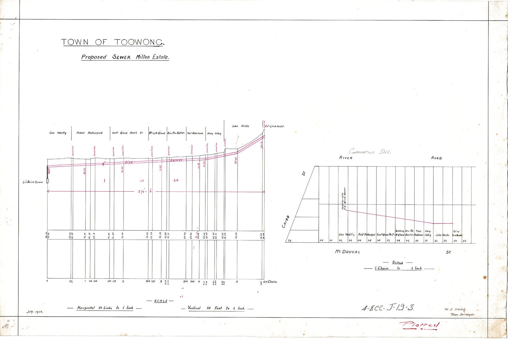 Proposed sewerage plan for blocks between Cribb Street, Coronation Drive, and McDougall Street, Milton - 1904