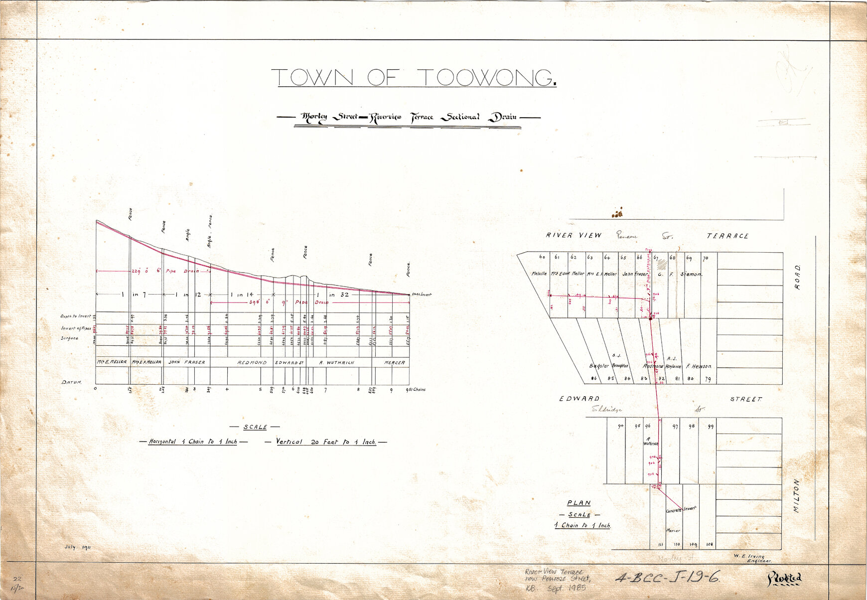 Drainage plan for blocks between Penrose Street, Eldridge Street, and Morley Street bordering Milton Road, Toowong - 1911